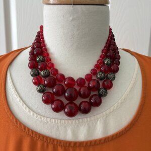 Two Red Beaded Necklaces Smooth Acrylic Robert Rose and Red Faceted Glass Beads